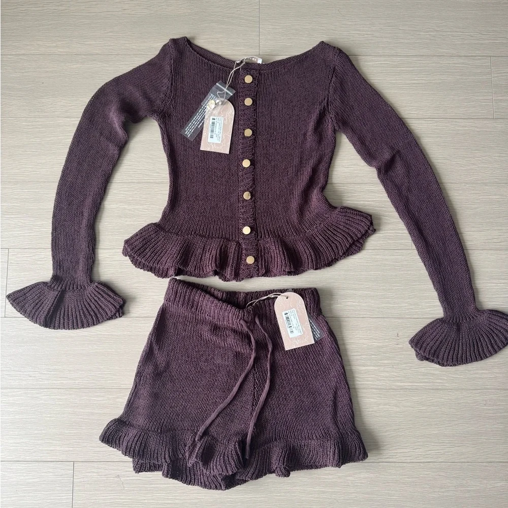 Meshki Plum Button-Front Knit Cardigan Set